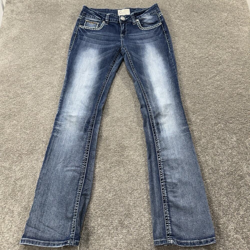 Charme Denim Womens 28 Bootcut Jeans Blue Embroidered Rhinestone Flap Pockets
